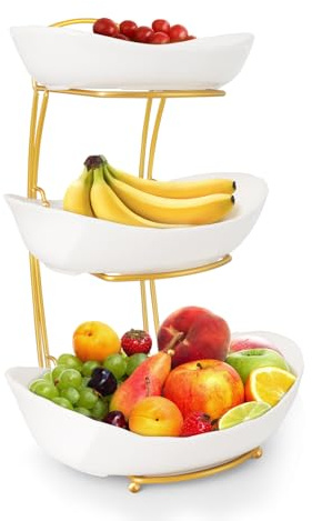 KXSGKRR 3 Tier Fruit Bowls for Kitchen Counter, White Ceramic Serving Bowls with Gold Metal Stand, Tiered Fruit Basket Display Rack for Fruits Vegetable Snack Nuts Cake Dessert Storage