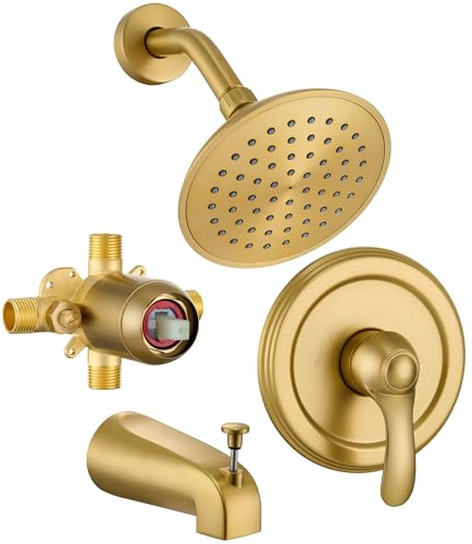 FROPO Brushed Gold Shower Tub Faucet Set with Valve, 6-Inch Gold Shower Head and Handle Set, High Pressure Shower Tub Trim Kit, Bathroom Shower Faucet Set With Shower Head and Tub Spout