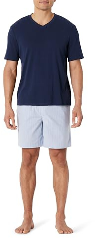 Amazon Essentials Pyjama Avec Short en Popeline de Coton et T-shirt en Coton Homme, Bleu Marine/Thin Stripe, S