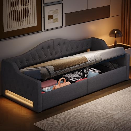 Oxtao Divano letto imbottito 90 x 200 cm, letto singolo con vano idraulico con luce a LED, letto per ragazzi con rete a doghe, lino, senza materasso (grigio, 90 x 200 cm)