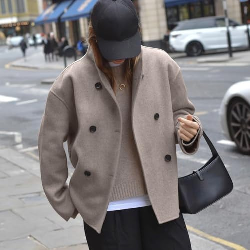Cappotto corto doppiopetto in lana da donna con colletto rialzato, adatto per autunno e inverno per tutti i giorni e look streetwear (L kaki)