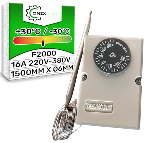 Universell termostat F2000 kapillärstorlek Ø 6 x 1500 mm -30 °C / +30 °C 220 V-380 V 16 A för användning som luftkonditioneringstermostat kylning - 5 års garanti - ONIX TECH