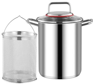 Loyimioo Olla de pasta de acero inoxidable de 3,5 L con cesta colador y tapa, freidora y vaporizador multiusos para cocinas de gas y cerámica de inducción