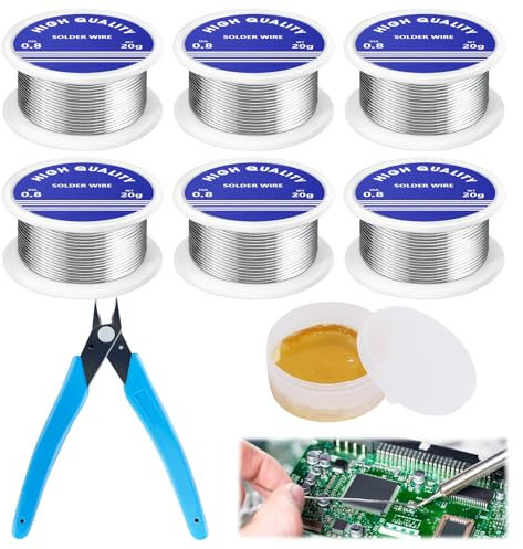 6 Pcs Lead Free Solder Wire with Flux, 0.8mm Soldering Wire with 1 Diagonal Plier and 1 Box Rosin Solder Flux Paste for Electronic Electrical Soldering Components Repair and DIY (6 * 20g)