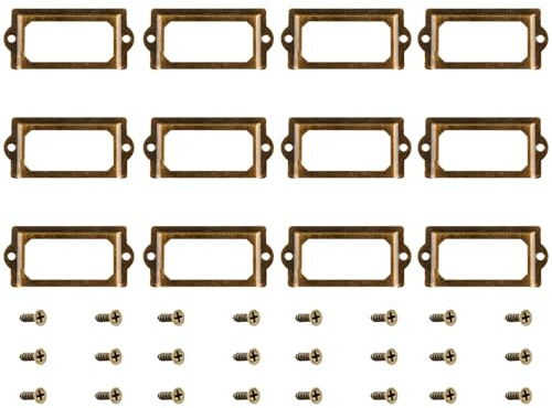 Wellrun 12 Pcs Drawer Label Holders,Vintage Card Tag Frame with Screws,Antique Metal Label Holder for Cabinet,Drawer,Bookcase, Jewelry Box(Bronze)