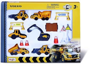 Maisto Volvo Baufahrzeuge: Spielzeugautos im 6er-Pack, mit Baustellenzubehör, wie Pylonen und Schilder, 8 cm (512376)