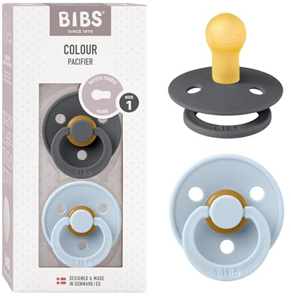 BIBS Colour Soother 2-Pack, BPA Free Dummy Pacifier, Round Nipple. Natural Rubber Latex, Size 1 (0-6 Months), Iron/Baby Blue