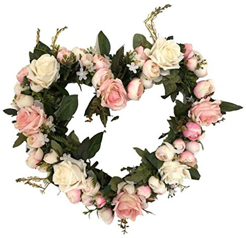 Tubayia romantiska konstgjorda blommor krans hjärta dörrkrans väggkrans dekorativ kran för bröllop jul (rosa)