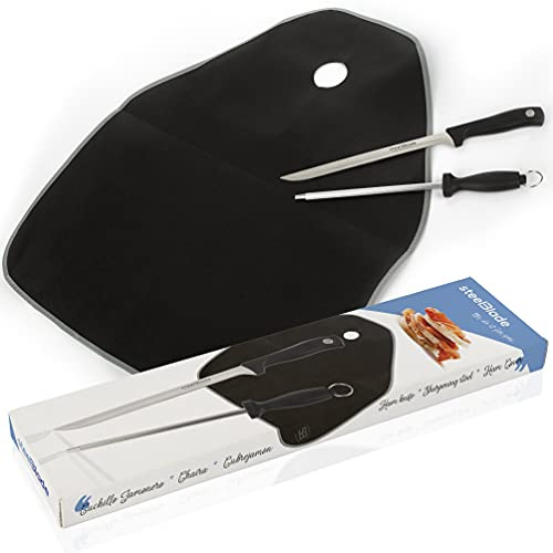 Steelblade 050706 Cuchillo Jamonero + Chaira + Cubre Jamón - Set de Corte, Acero Inoxidable