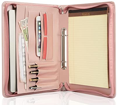 FREI NAME GRAVUR, Personalisierte Schreibmappe A4 mit Gravur, 2 Ringbinder Konferenzmappe PU Leder, Ringbuchmappe mit A4 Klemmbrett/Reißverschluss, Damen Geschenk, Customized, Pink
