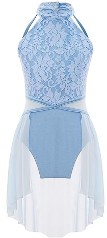 dPois Girls Ballet Lyrical Dance Dress Sleeveless Halter Neck Lace Leotard Skirted for Modern Contemporary Jazz Dance Light Blue 7-8 Years