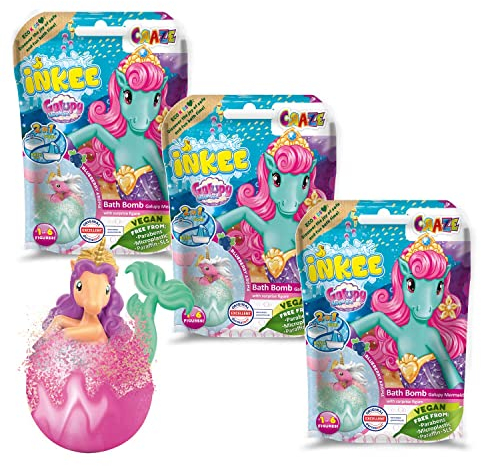 INKEE GALUPY MERMAID | 3er Pack Meerjungfrau Badekugeln, 3x Kinder Badebomben mit Überraschung, Einhorn Spielzeug, Zuckerwatte Aroma