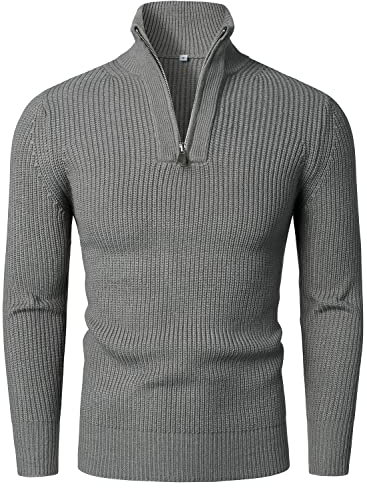 HOOD CREW Herren Strickpullover Mit Reißverschluss Stehkragen Langarm Sweaters Basic Männer Pullover Grau L