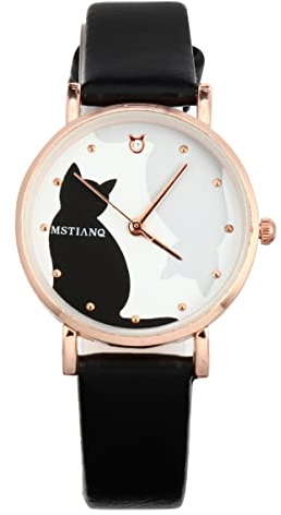 Hemobllo Damenuhr - Süße Katzenuhren für Damen Damenuhren mit PU-Lederarmband Lässige Damen Armbanduhr für Kleine Handgelenke