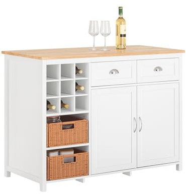 SoBuy Isola cucina con 2 cestelli in rattan Mobile da cucina Mobile credenza Tavolo da bar Buffet Bianco 120x56x90cm KNL05-W