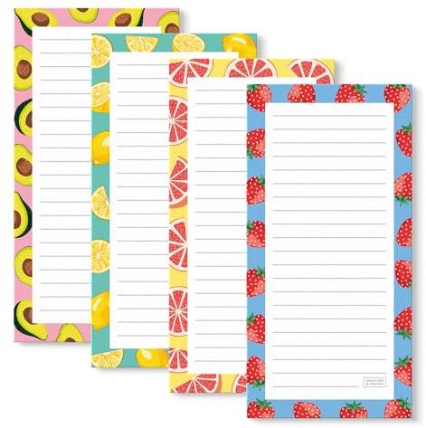 SWEETZER & ORANGE S&O Magnetic sheets for Refrigerator 4 Pack - Fun Fruity planner notes for Fridge Sets - Magnetic registry journals for cooler, sticky Notepads for freezer - 3.5” x 7”, 45 Pages