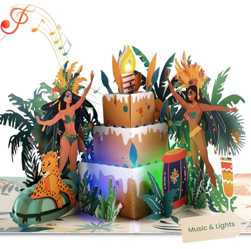Carte d'anniversaire musicale pop-up 3D Tropical Bash - Bougie soufflante - Carte d'anniversaire pour garçons, filles, hommes, femmes, mari, épouse, amis, sœur, frère, adultes, lui, elle