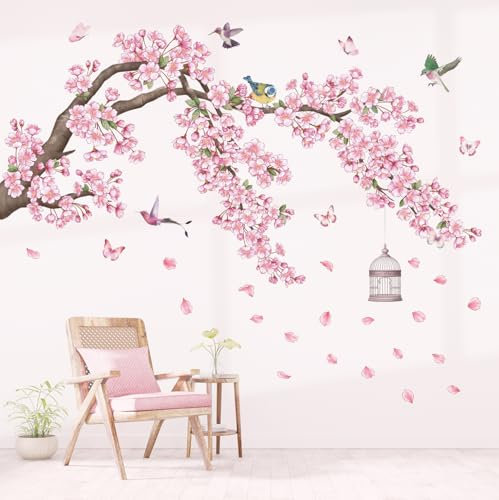 DECOWALL SG2-2426 Cherry Blossom Tree Wall Stickers Pink Flower Branch Birds Wall Decals Bedroom Living Room Sofa TV Background Home Décor