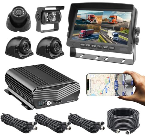 4CH 4G WiFi GPS 1080P Hard Drive Mobile Vehicle DVR Video Recorder Onlive View on PC Phone with 4x1080P Night Vision/IP69K Waterproof Front Rear Side View Camera 7 VGA Monitor for RV Truck Trailer