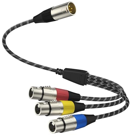 J&D Cable Divisor XLR, 3 Pines XLR 1 Macho a 3 Hembras Chapado en Oro, Cable de Micrófono Balanceado para Mezclador, AMP, Limitador, Altavoz, Equipos de Grabación, 0,48 m