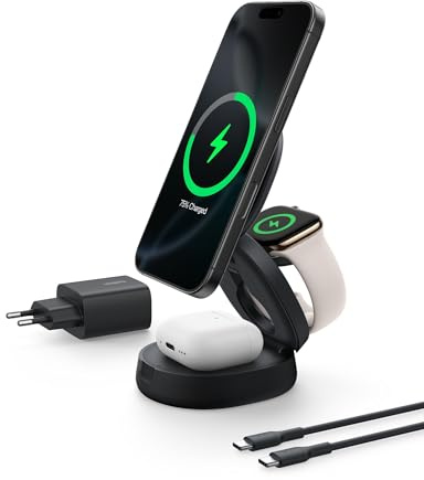 Belkin BoostCharge Cargador Inalámbrico Compatible con MagSafe, Estación de Carga Inalámbrica 3 en 1 de 15W, Certificación Qi2, iPhone 17, Air, Pixelsnap, Apple Watch y AirPods, Adaptador 36W - Negro