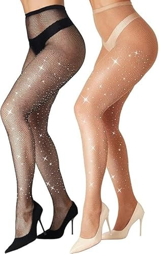 SNDE Fishnet Tights Womens, Sparkly Tights Women, Glitter Sparkle Diamante Fishnet Stockings High Waist Stretchy Mesh Pantyhose (2pcs Black + Nude)