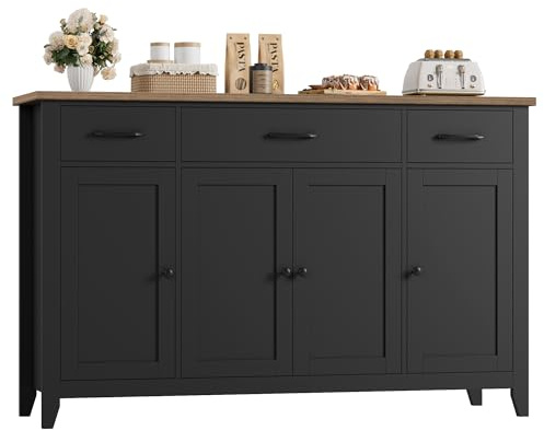 HORSTORS 55 Buffet Cabinet, Modern Farmhouse Sideboard Buffet with Drawers, Large Kitchen Storage Cabinet with Adjustable Shelves, Wood Coffee Bar for Kitchen, Dining Room, Living Room, Black