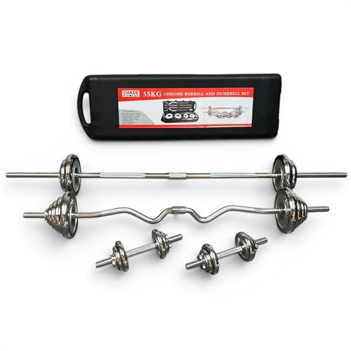 Chase Fitness 55KG Adjustable Chrome Barbell & Dumbbell Set with EZ Curl Bar, Weight Plates & Carry Case – Home Gym Strength Training Kit for Men & Women