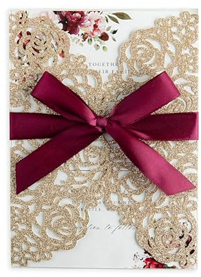 ponatia, 25 pezzi, 250 g/m², 12 x 17,1 cm, taglio laser, con nastri bordeaux, biglietti di invito per matrimonio, matrimonio, doccia, fidanzamento, compleanno, laurea (glitter dorato)