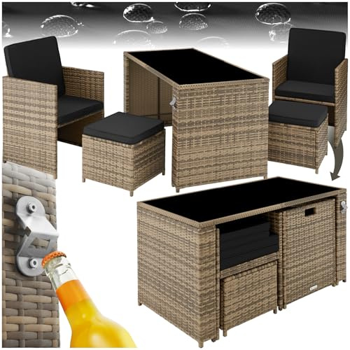 tectake® Salottino in Rattan Palermo, Set Sedie con Cuscini, Tavolino Salotto con Lastra in Vetro, Design Funzionale, Imbottitura Idrorepellente, Resistente ai Raggi UV - Naturale