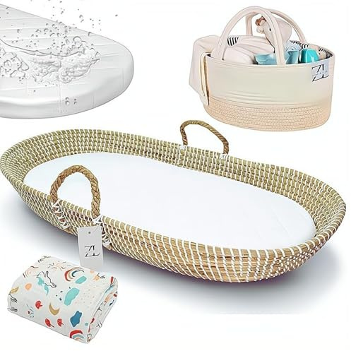 Seagrass Moses Basket by ZEAL'N LIFE, Moses Baskets for Newborn, Baby Changing Basket with Baby Towel, Washable Waterproof Pad Covers & Diaper Caddy, Changing Basket Baby (31 Inch)