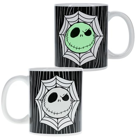 Jack Skellington Glow in The Dark Mug - Officially Licensed Disney Collectible Gift for Nightmare Before Christmas Fans, Ceramic Tea Cup, 300 ml (10 fl oz) | Paladone, Black