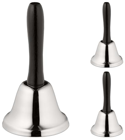 Relaxdays Handglocke 3er Set, lauter Klang, Handklingel Metall, Holzgriff, Lehrerglocke, HxD 12 x 6,5 cm, silber/schwarz