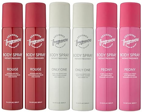 Designer Fragrances 6 Pack Assorted Aromas Bundle - Rouge, Only One & Peony - Women's Body Spray Deodorant Cans - For Instant Freshness On The Go - Long Lasting Smell, Great Gifts - 100ml