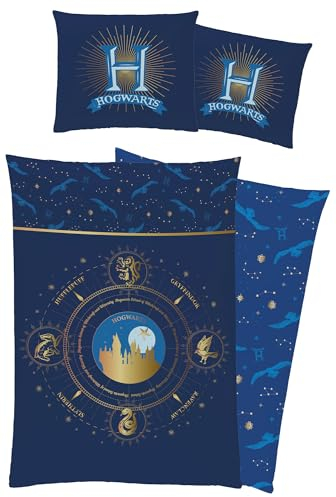 Harry Potter Bettwäsche Sternenbild Blau 135 x 200 + 80 x 80 cm 100% Baumwolle Biber-Flanell-Qualität Gryffindor Hufflepuff Ravenclaw Slytherin Hedwig Hogwarts mit Reißverschluss deutsche Größe