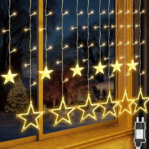 Bigzom Lichterkette Sterne Vorhang 138 LED 2.4×1m Lichtervorhang innen sterne mit timer 8 Leuchtmodi,12 Sterne Weihnachtsbeleuchtung Fenster Weihnachtsdeko Wasserdicht