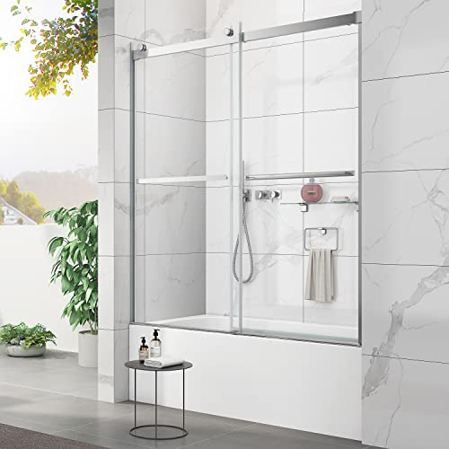 Sunrosa Tub Shower Door 56 1/8-60×60, Double Sliding Bathtub Door, Frameless Tub Door with Tempered Glass, Glass Shower Door for Bathtub in Chrome