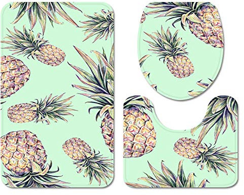 Badezimmerteppich Ananas Grün Gelb WC Vorleger mit Ausschnitt WC Deckelbezug 3 Teiliges WC Teppich rutschfeste Badgarnitur U förmiger Badematte Waschbar Bad Teppiche Set 50x80 cm