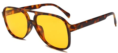 Long Keeper Lunettes de Soleil pilote Polarisées pour Homme Femme Lunettes de Soleil Carrées Rétro Années 70 Vintage lunette De Conduite UV400 (Léopard Montura - Jaune Lente)