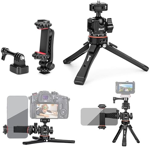 Zeadio Tungt metallstativkit med 1/4-tums skruvadapter, telefonhållare och actionkamera-adapter - Telefonstativ & resestativ för iPhone/Android, kamera, gimbal, actionkamera m.m.