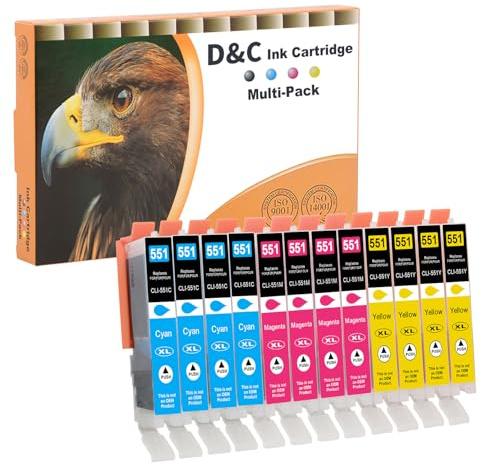 D&C 12x 551XL Druckerpatronen Kompatibel mit Canon CLI-551 551XL Patronen für Canon Pixma IP8750 IP7250 MG5650 MG5550 MX725 IX6850 MG6450 MG5450 MG6350 IP7200 MG6650 MX920 IX6800 MG5655 IX6820 IP7240