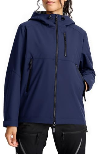 Fiosew Chaqueta impermeable para mujer, chaqueta de forro polar, cortavientos, chaqueta ligera de entretiempo, chaqueta funcional con capucha, azul marino, L