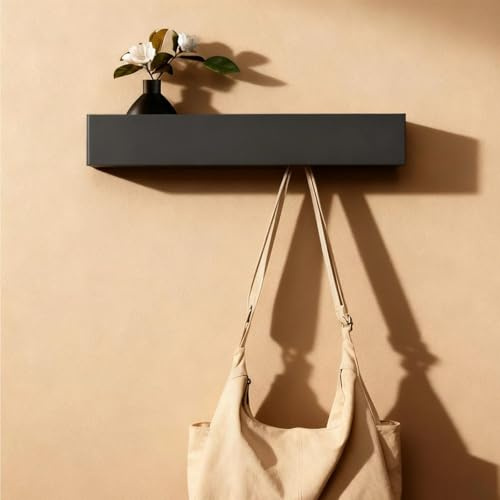 WJUAN 43,5cm Wandgarderobe mit Ablage, Moderne Garderobenleiste mit 5 Verdeckten Kleiderhaken, Schwarz Garderobe Wand für Flur, Schlafzimmer & Wohnzimmer, Jackenhalter Wand