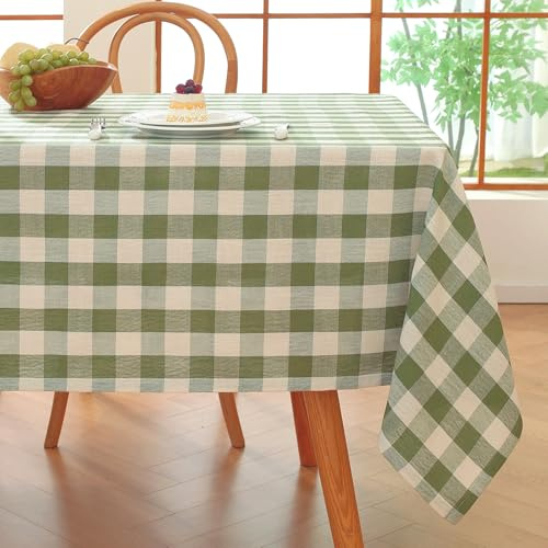 Alsoo Gingham Tablecloth Rectangle Spring Checkered Table Cloth Cotton Linen Fabric Wrinkle Free Washable Buffalo Plaid Table Cover for Kitchen Dining Picnic Camping, Green and White, 60 * 75 inch