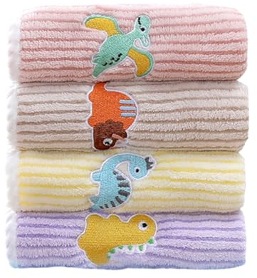 CavspkArt 4 Gants de Toilette Doux pour Enfants avec Broderie, Serviette Multicolore pour Le Visage des Enfants, Gants de Toilette en Coton pour bébés, Dinosaures Mignons, 25 x 50 cm (Dinosaure)