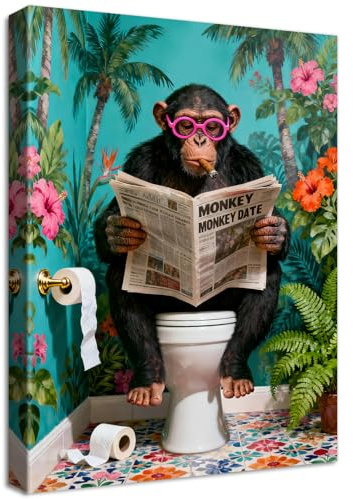 Mono Divertido Marco de Madera Cuadro Moderno Mono Leyendo el Periódico en el Inodoro Lienzo Decorativos Pintura Imagen Cocoteros Tropicales Cuadros Decoracion Baño Inodoro Bañera Aseo WC 30cmx40cm
