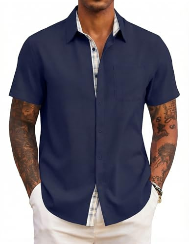 COOFANDY Mens Short Sleeve Summer Shirts Casual Regular Fit Shirts Holiday Beach Shirt with Pockets Navy Blue XXL