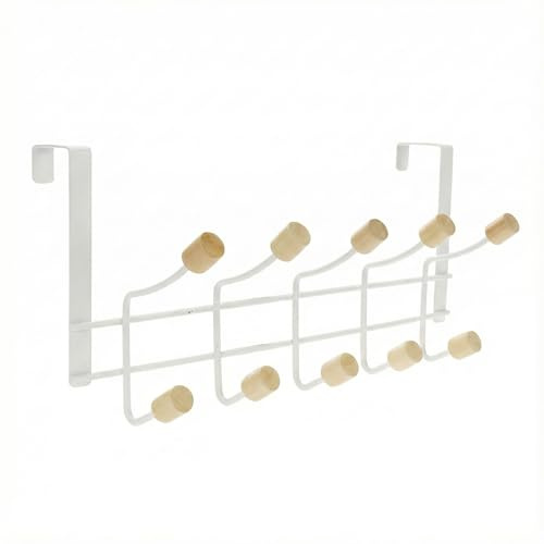 Acceseryx Perchero Puerta Sin Taladro con 10 Ganchos de Madera – Colgador Sobre Puerta Metálico, Organizador para Baño, Dormitorio y Armario, Ahorra Espacio, Fácil Instalación (Blanco - Madera)