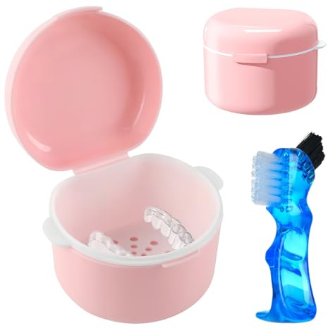 GmeDhc Caja Aparato Dental con Postiza Cepillo Limpiador, Caja de Dentaduras Postizas con Filtrar, Funda Aparato Dental Ortodoncia, Contenedor por Alineadores Dentale
