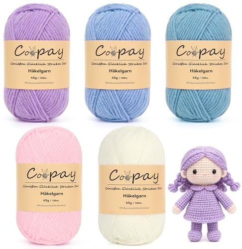 Coopay Hilo de Ganchillo Colorido, 5x45g Hilo Suave para Tejer, Lana de Ganchillo para Bebé que se Desvanezcan, Lanas para Crochet - 01 Color claro